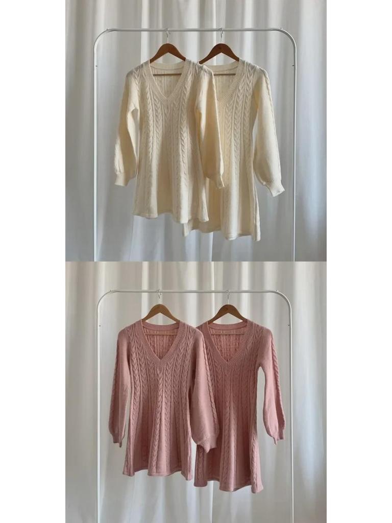 Korean Style Autumn/Winter 2024 Lantern Sleeve V-Neck Cinched Waist Knit Dress and Sweater Skirt