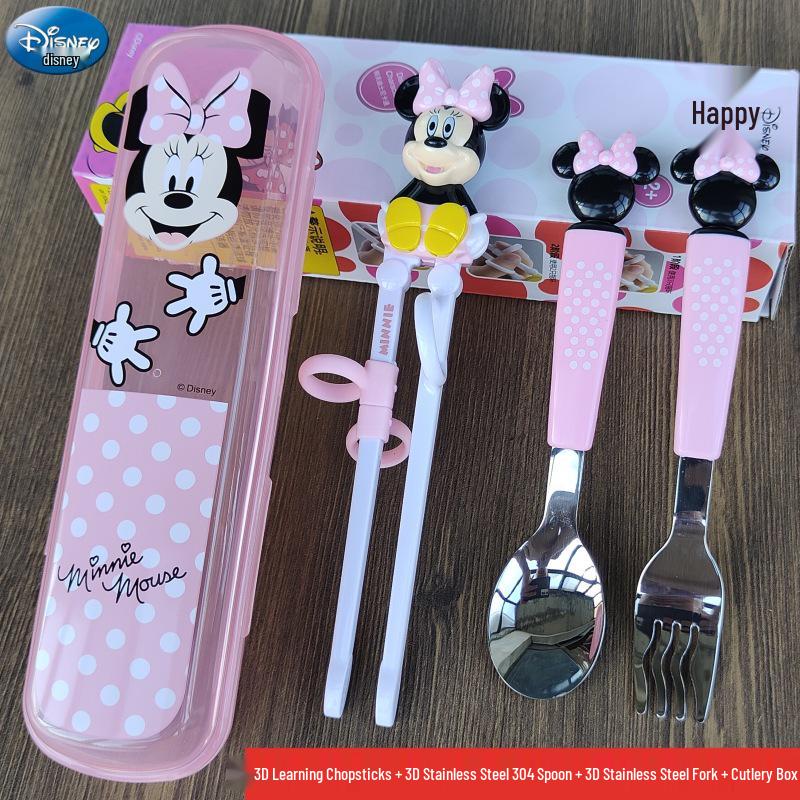 Disney 3D Cartoon Children's Stainless Steel Cutlery Set: Fork, Spoon, and Training Chopsticks