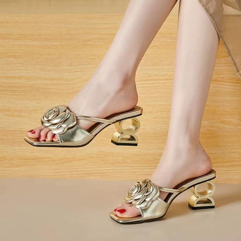 Fashion Women Shoes 2025 New Summer Fashion Flowers Black Beige Gold Dress Party Wedding Female Sandals Shoes Big Size 34-42