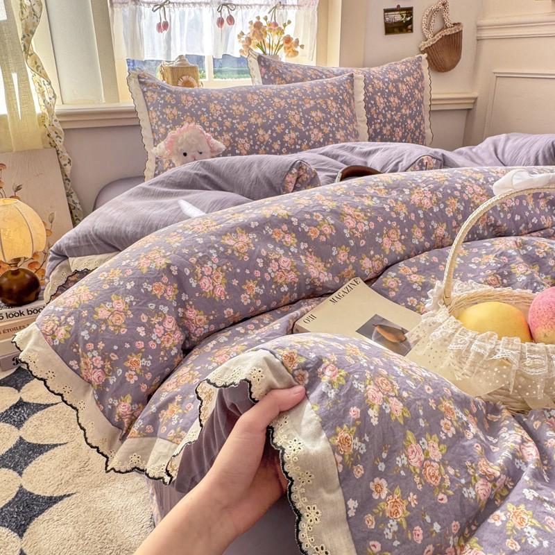 2026 Faux Cotton Washed Lace Bedding Set Floral Duvet Cover