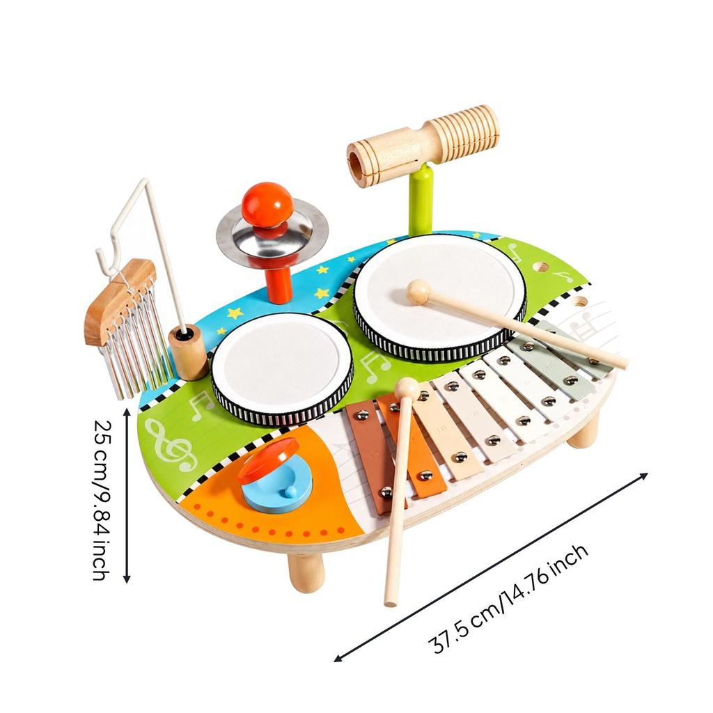 Wooden Tabletop Xylophone Drum Set with Chimes Handson Early Music Exploration Instrument Wood Young