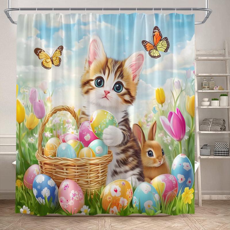 

Funny Easter Shower Curtains Cute Cat Rabbit Eggs Butterfly Tulip Flowers Rustic Fabric Home Bathroom Curtain Decor With Hooks 90x180cm-35x70in