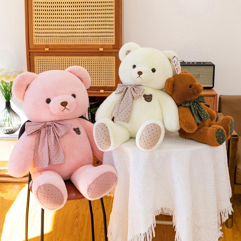 Large Plush Teddy Bear with Polka Dot Ribbon - Perfect Hugging Gift for Birthdays