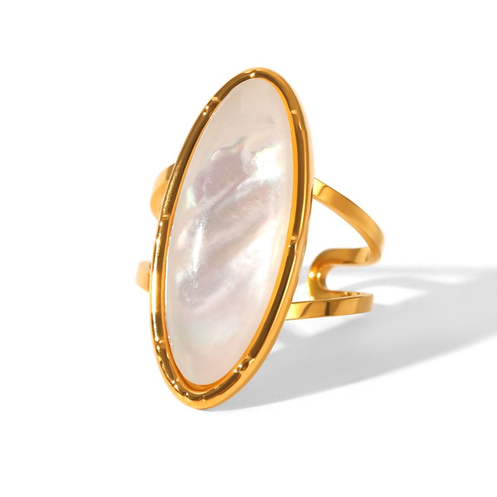 European and American Hand Jewelry Oval Natural White Shell Stainless Steel Ring Women's Non-fading Open Ring Versatile
