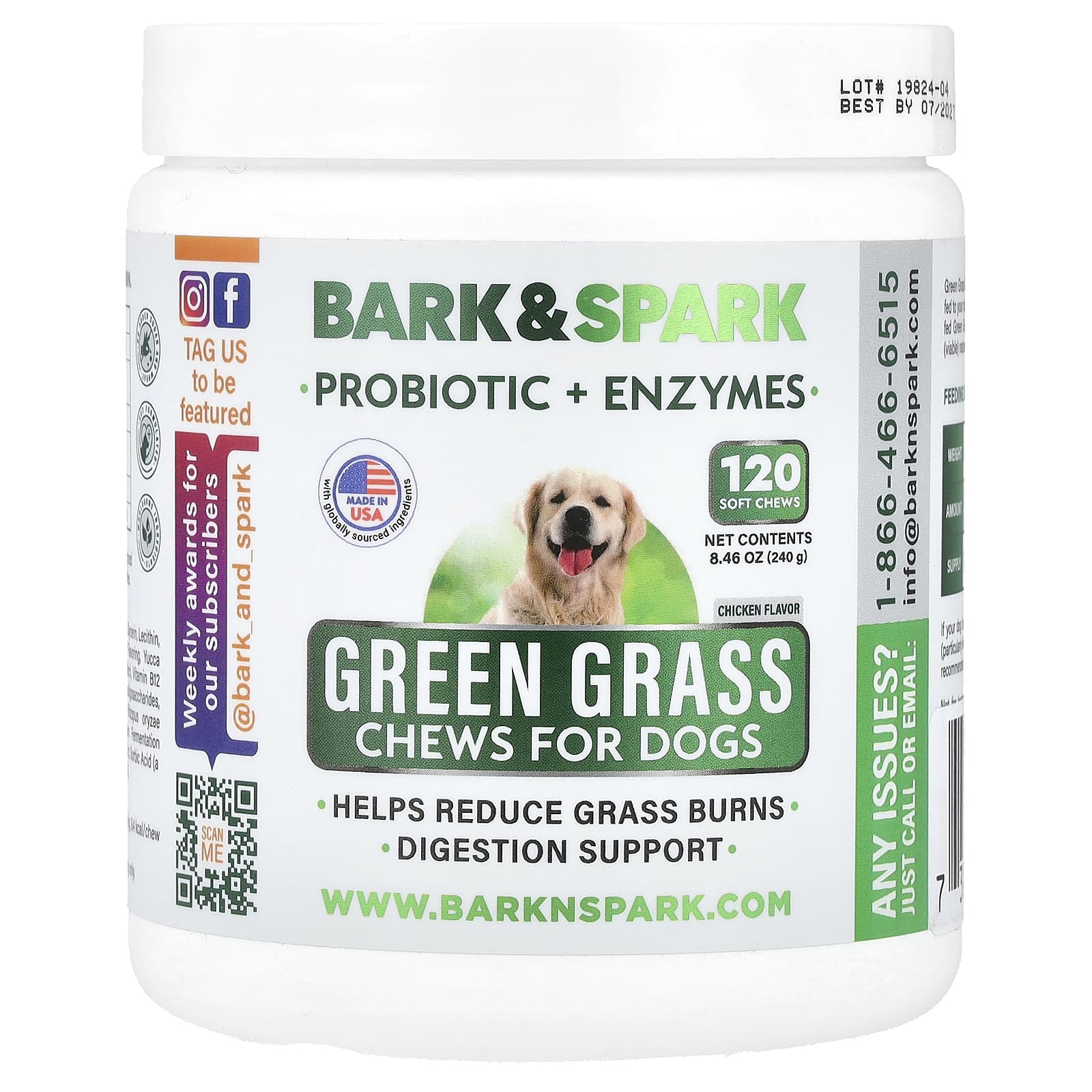 

Bark&Spark Жевательные лакомства Green Grass, Для собак, Курица, 120 мягких жевательных конфет, 8,46 унции (240 Г)