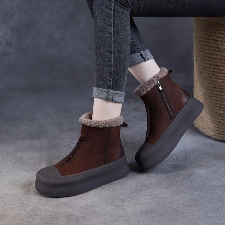 Johnature Retro Plush Warm Women's Boots Genuine Leather Thick Soled Casual Versatile Short Boots