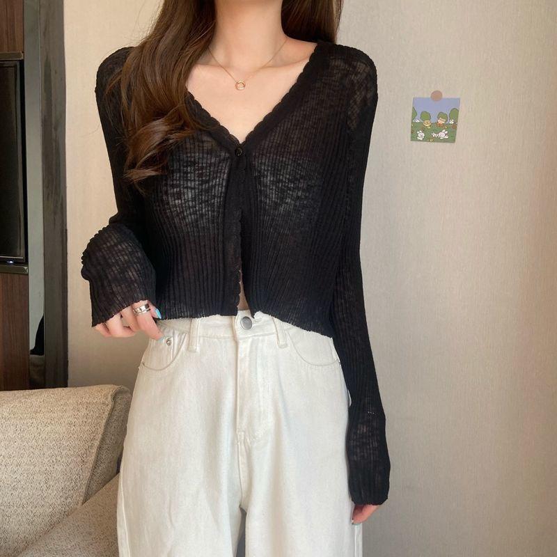 

Summer Women s Long Sleeve Knitted Shirt Hollow Air Conditioning Cardigan Coat Women s Micro Transparent Sunscreen Coat Thin 3XL чорний