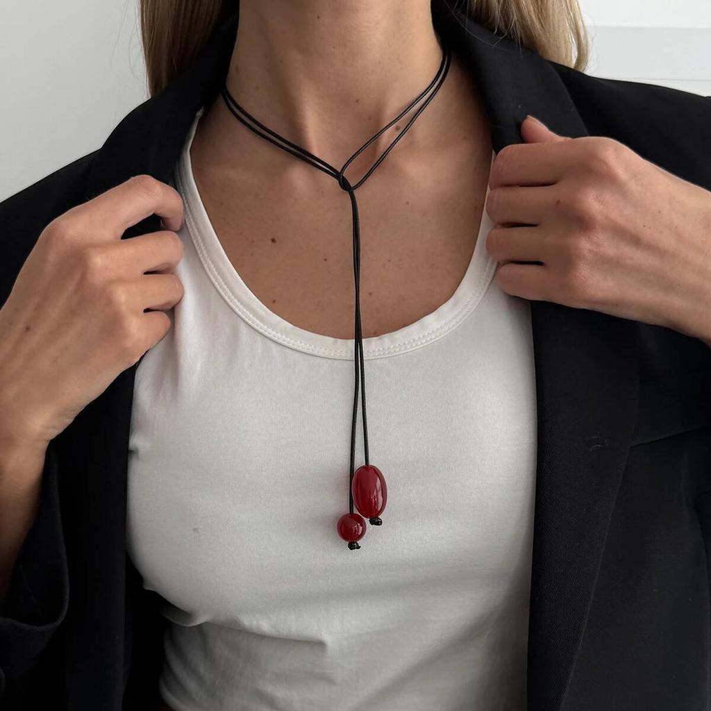 Salircon 4 Colors Simple Irregular Resin Bead Pendant Choker Necklace Women Black Wax Rope Adjustable Sweater Chain Jewelry Gift