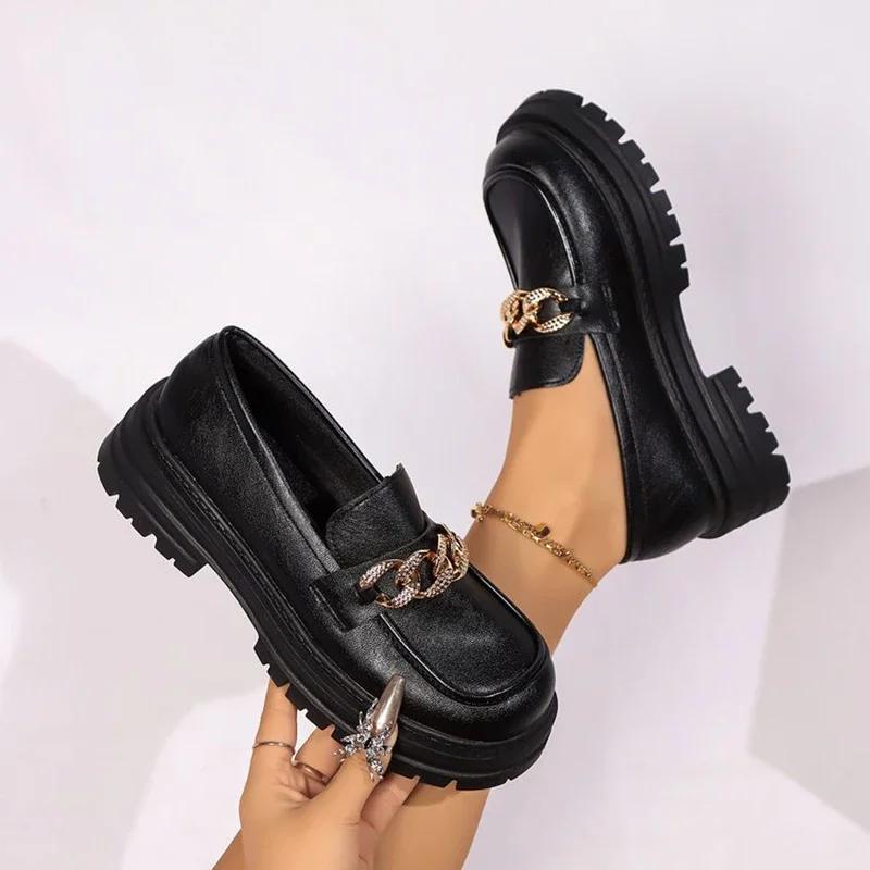 Casual Flats Metal Chain Thick Bottom Loafers Mujer Spring Platform Pu Leather Round Shoes Women Vintage Plus Size Pumps Woman