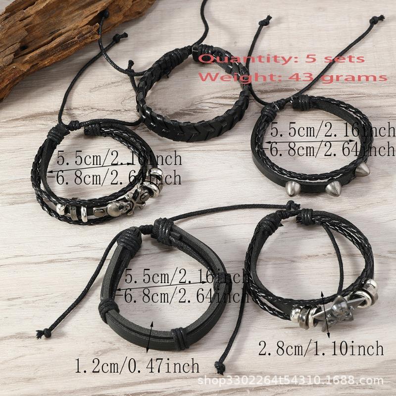 Hot Sale 5-piece Punk Style Handwoven Retro Fashion Big Pentagram Skull Alloy Accessory Leather