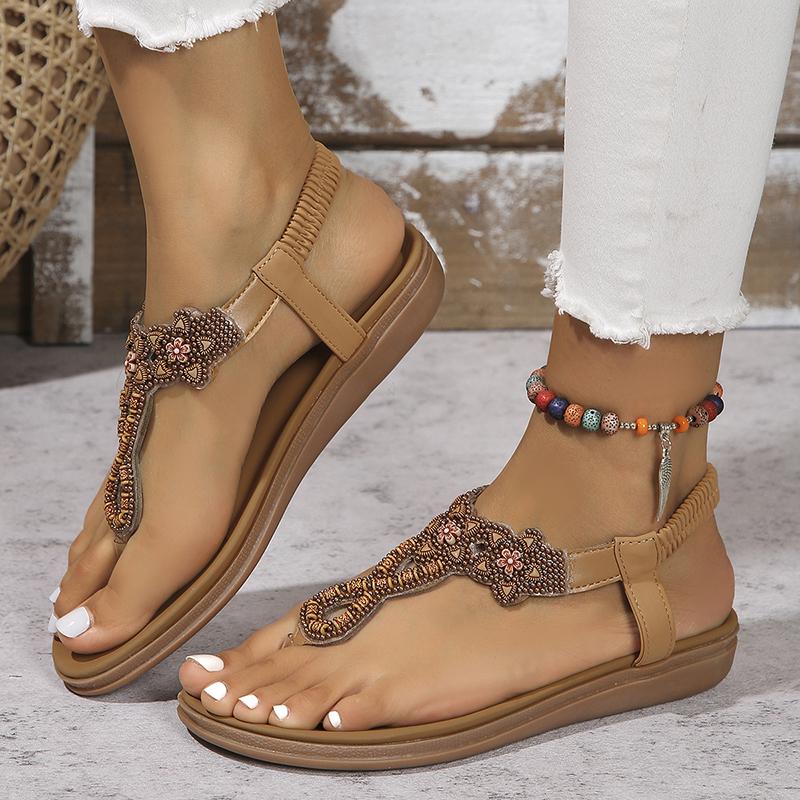 Lucyever Women's Bohemian Style Flat Sandals Beaded Clip Toe Gladiator Sandals Woman 2024 Summer Anti Slip Beach Shoes Size 42