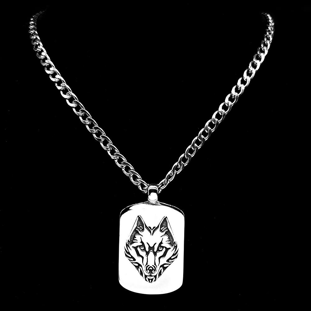 Moderne Wolfskopf Tier Hundemarke Edelstahl Anhänger Halskette für Damen Herren Silberfarbe Biker Kette Halsketten Schmuck Geschenk