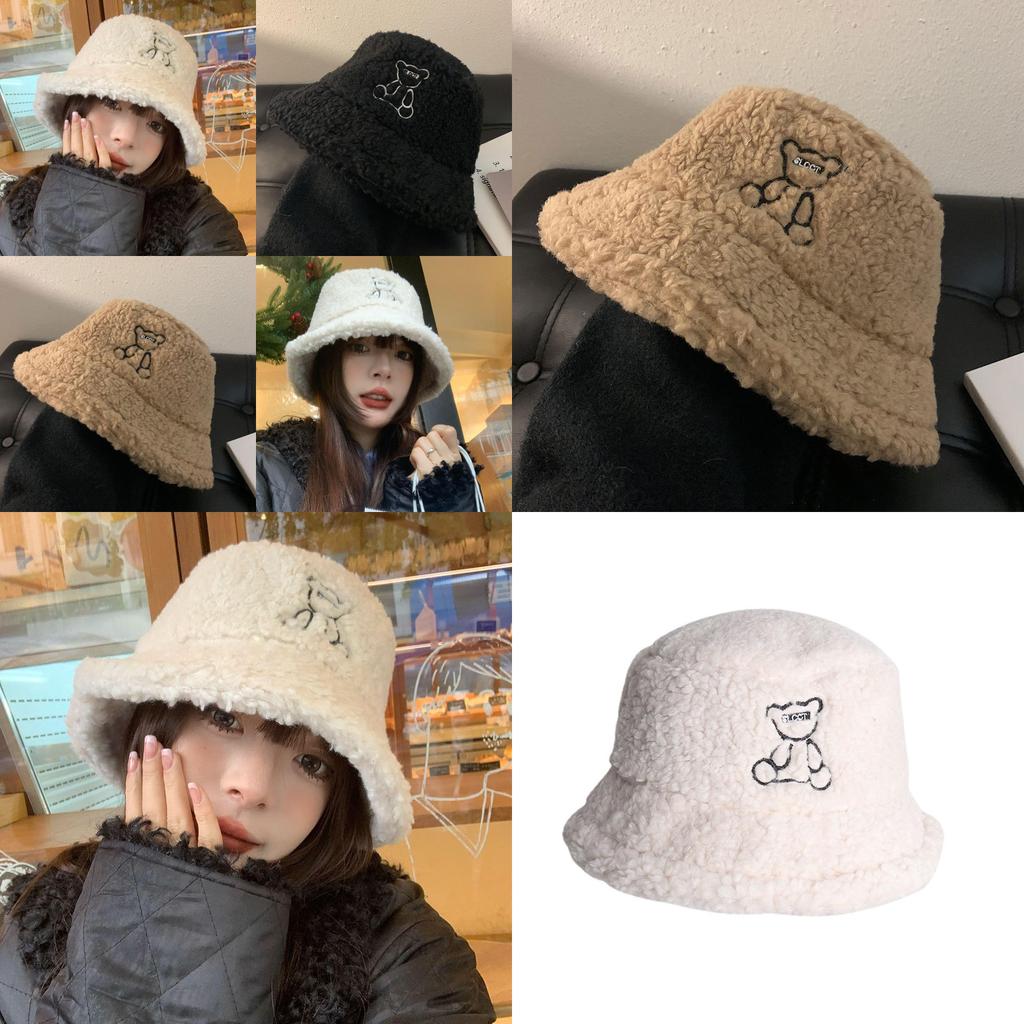 Cute Winter Bear Hat For Women Thick Warm Lamb Wool Fisherman Cap