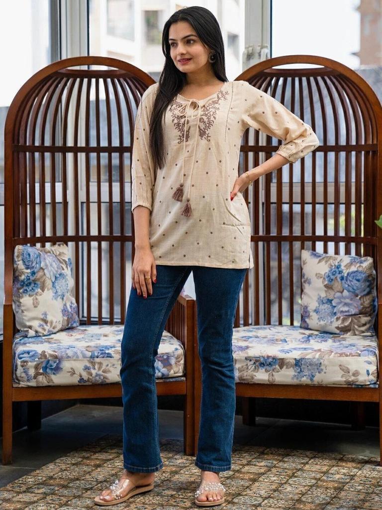 Women Casual Cap Sleeves Embroidered Beige Top