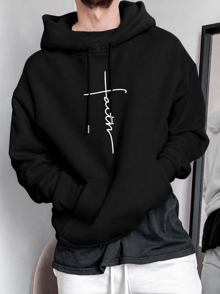 unisex Hoodie, Casual Daily Wear, Cross Faith Text Graphic, Pullover Sweatshirt, Minimalist Streetwear Style, Autumn Winter Season, Front Pocket And D