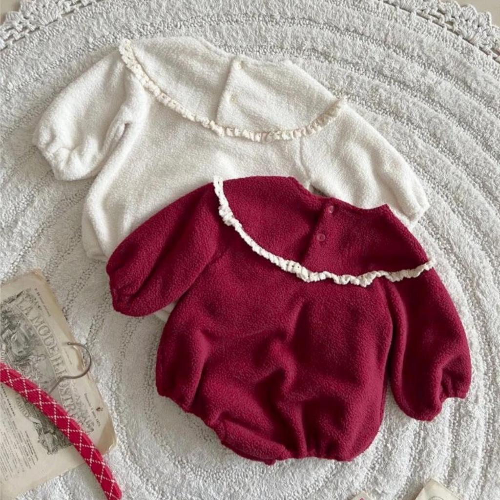 Baby Christmas Lace Collar Romper, Fleece-Lined Plush Crawling Suit