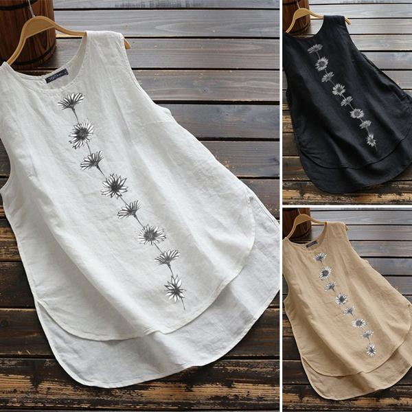 

Women O Neck Sleeveless Tank Tops Floral Printed Cotton Linen T-Shirt XXXXXL белый