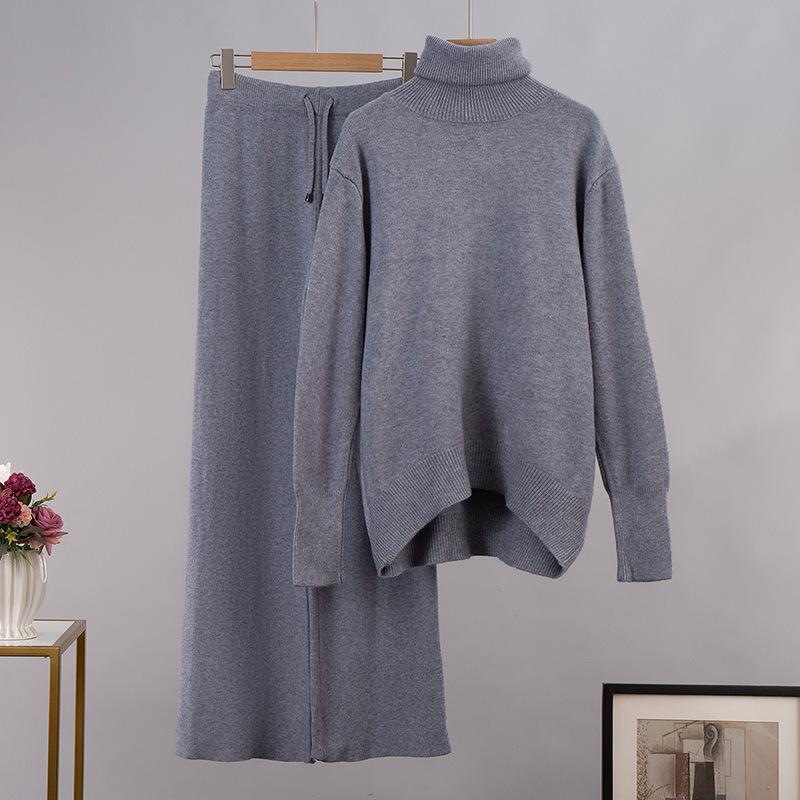 

Женский осенне-зимний теплый повседневный однотонный свободный трикотажный джемпер + свободные брюки-джемперы, комплект из двух предметов One Size