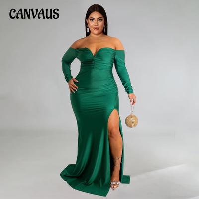Spring and Autumn Women's Dress Plus Size Sexy Dress V-Neck Ceremony Dress Solid Color Split Long Dresses