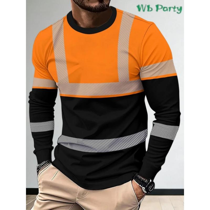 Men Color Block Hi Vis Long Sleeve Shirt with Reflective Strips Round Neck Lightweight Casual Tee for Construction Cycling