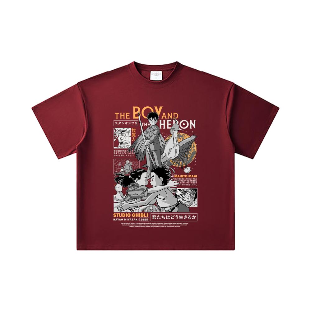 

260 GSM Double Yarn 32 Count 100% Cotton Ghibli V3 The Boy The Heron Print Unisex Heavy Cotton T Shirt 2XL вина червоного кольору