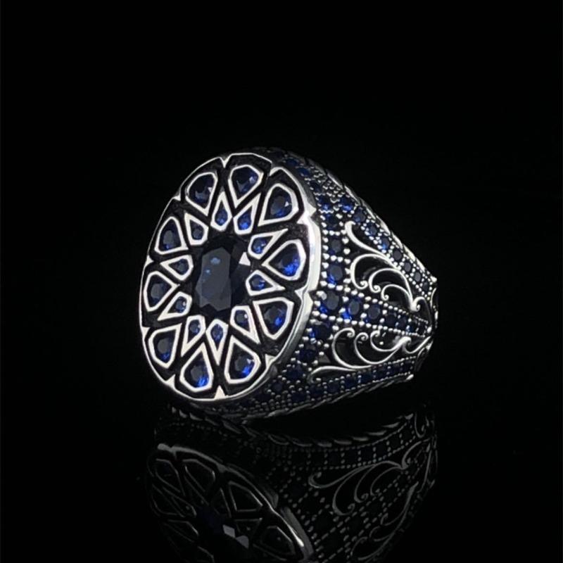 Хуаджи Голубой Циркон Темперамент Ретро Турецкие Печатки для Мужчин Классические Древнее Серебро Резьба Мода Тренд 7 серебряный