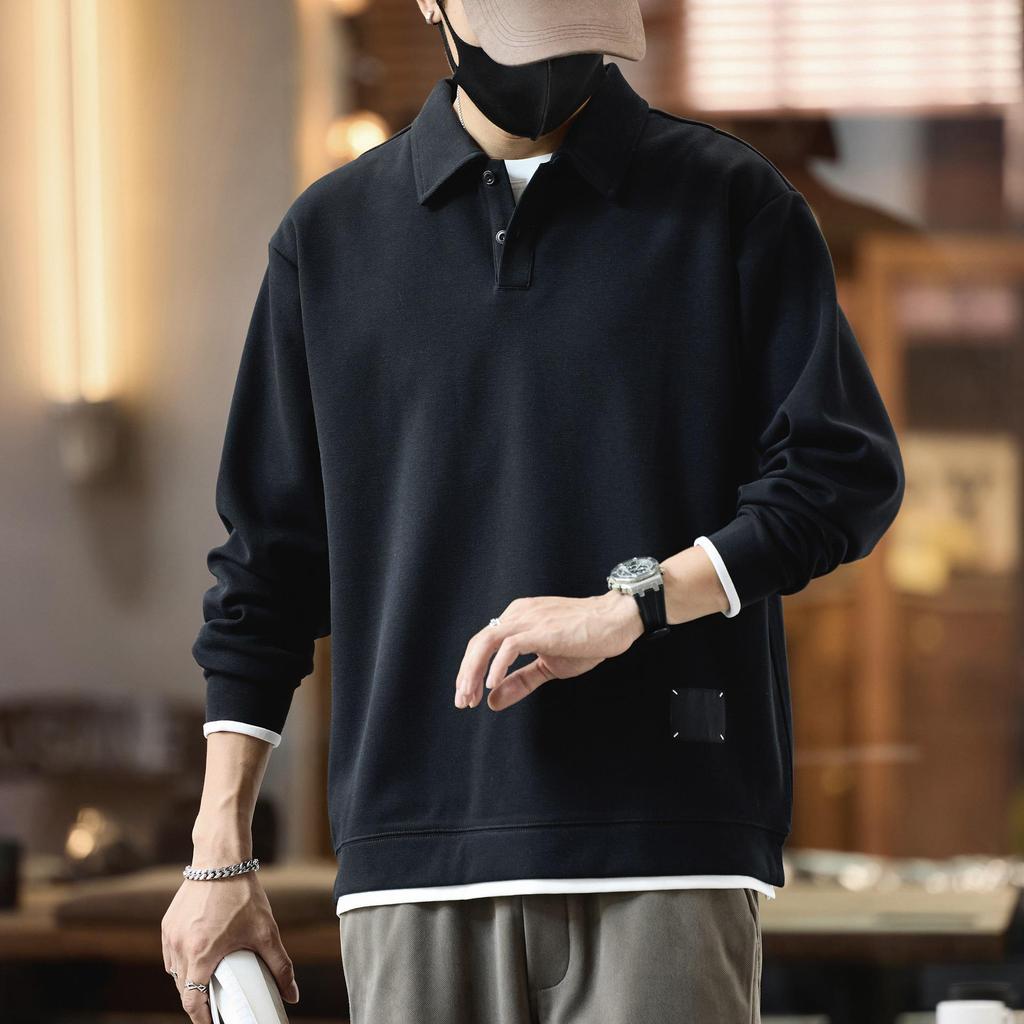 Men's 2025 Autumn Retro Polo Shirt - Trendy Long Sleeve Hoodie with Lapel and Fake Two-Piece Design