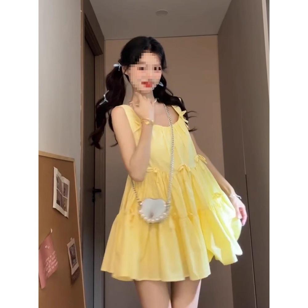 Süße Schleife gelbe Weste Hosenträgerkleid Damen Sommer Neu Locker Aufgeblähter Rock