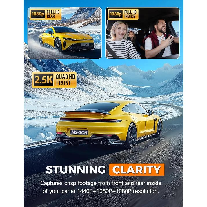 3 Channel WiFi Dash Cam Front and Rear Inside with 64GB SD Card, 2.5K+1080P+1080P Car Dash Camera for Cars Front and Rear, Dashcam with G-Sensor,