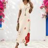 Women Plus Size V Neck Short Sleeve Printed Navy Blue Straight Maxi Dress