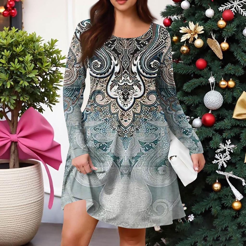 Plus Size Women's Gradient Print Casual Spring/Autumn Pocket Round Neck Long Sleeve Dress