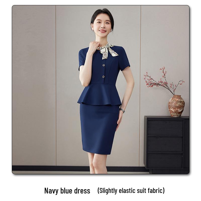 

Summer Short Sleeve Bow Bodycon Dress for Women - Elegant Two-Piece Look, Waist-Cinched Workwear for Jewelry Stores and Hotels XXXL