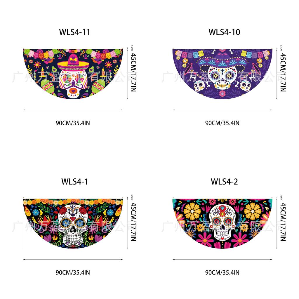 Watercolor Marigold Skeleton Day Of The Dead Fan Flag For Mexican Festival Party Decor