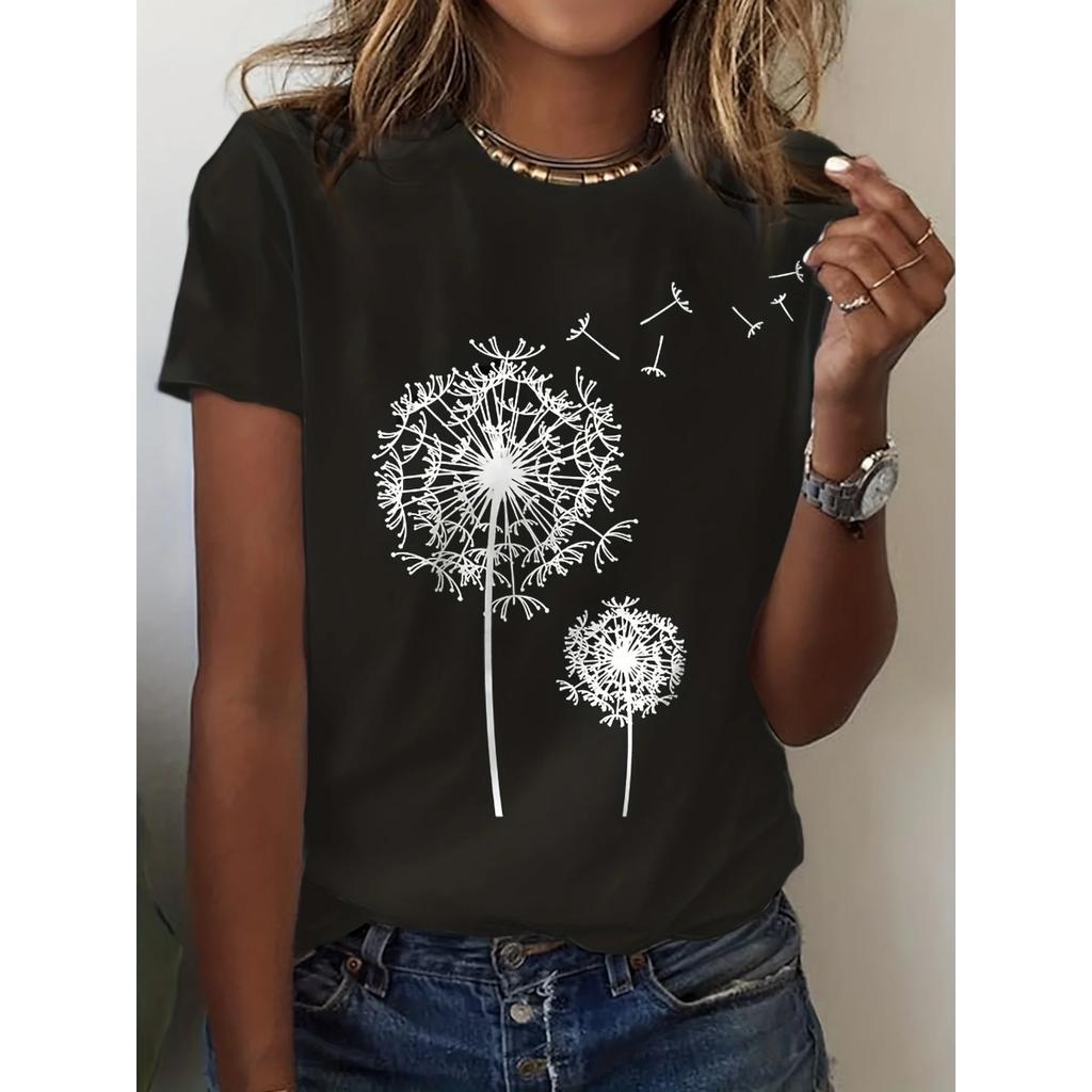 Dandelion Print Crew Neck T-Shirt, Casual Short Sleeve Top For Spring & Summer, Women's Clothing