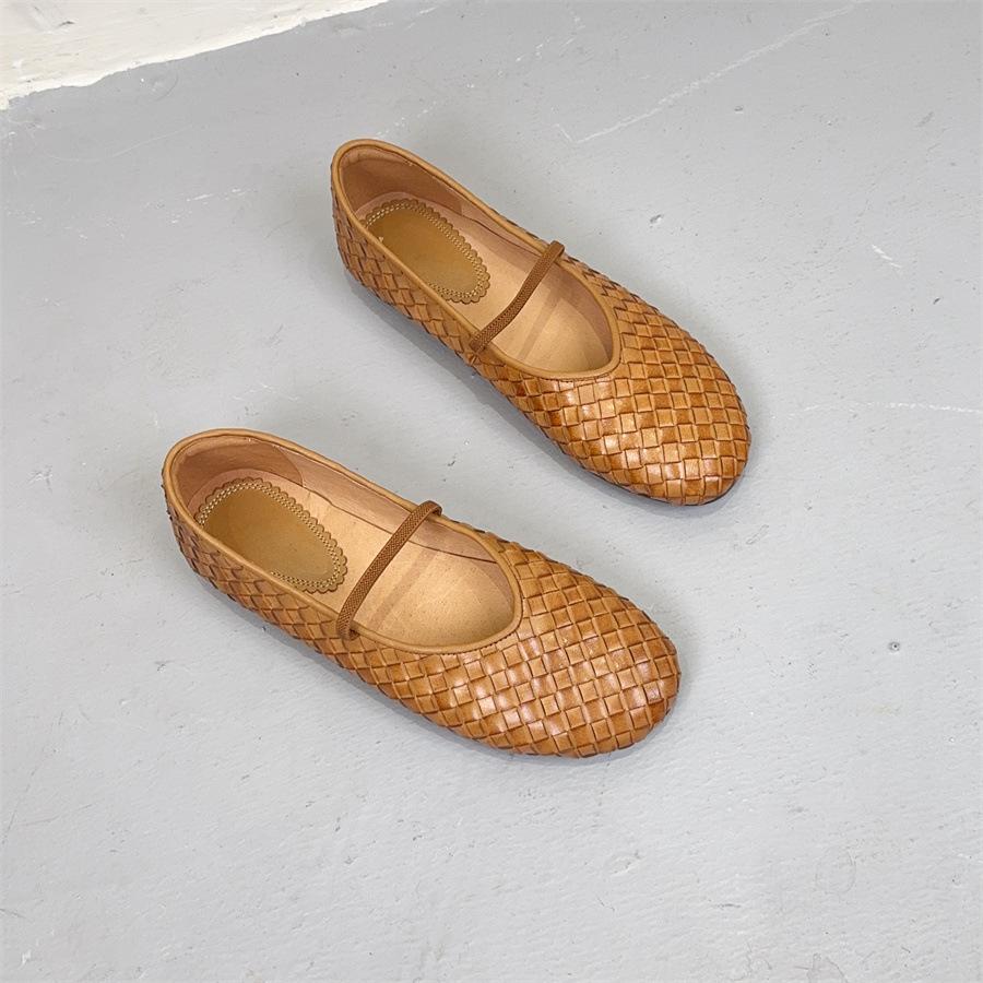 Johnature Retro-Schuhe aus handgefertigtem Echtleder mit Webmuster, flache, runde Zehenpartie, weiche Sohle, Damen-Schlupfschuhe