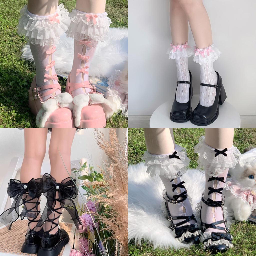 Girls Polka Dot Ruffle Tulle Butterfly Bow Knee Socks With Frictionresistant Fabric For Teens