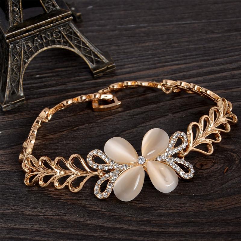 Stylish Women New Fashion Opal Gold Color Crystal Rhinestone Flower Charm Bracelet Bangle Gift Jewelry