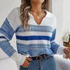 Sweater Women Casual Collar Polo Long Sleeve Knit Pullover Contrast Stripe Autumn Winter