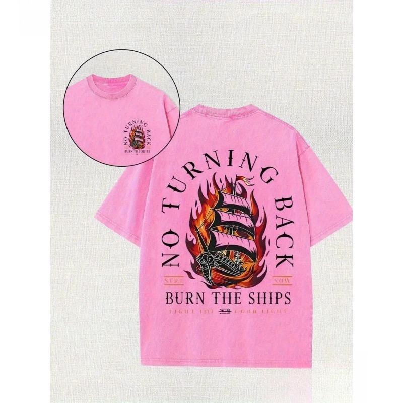 Washed Cotton Pirate Ship Pattern T-shirt - Loose Street Style "Turning Back Burn The Ships" Print, Four Seasons Outdoor Casual Shirt and Gift