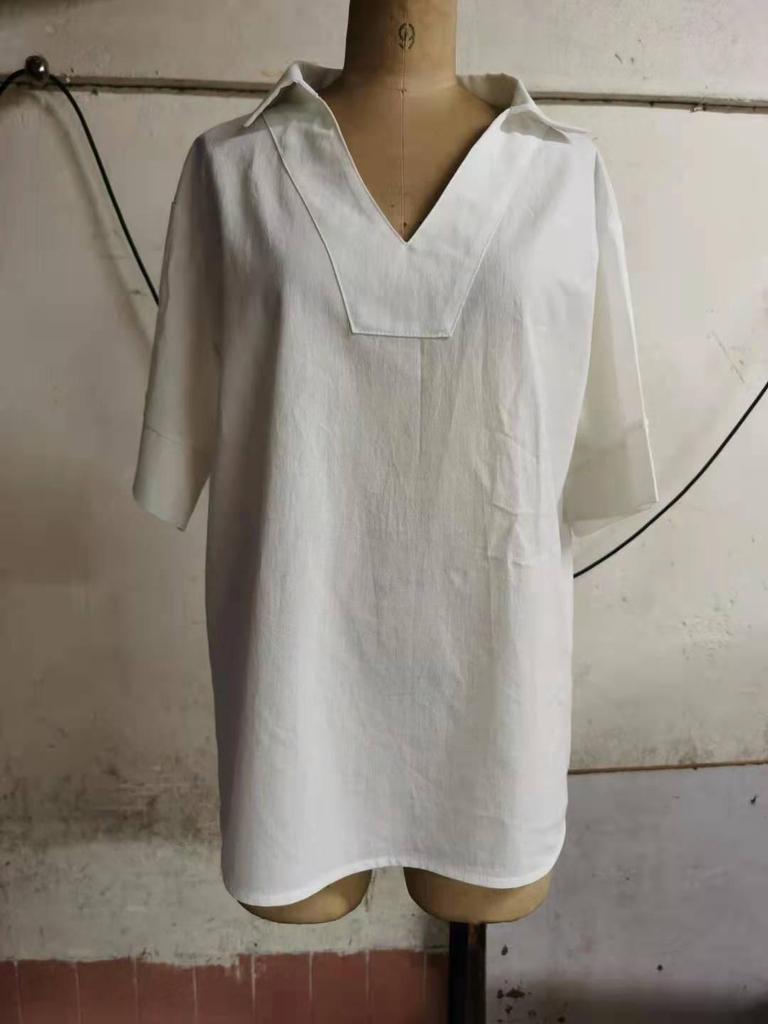 2026 Spring/Summer V-neck Cotton Linen Loose Mid-Sleeve Solid Women's Shirt