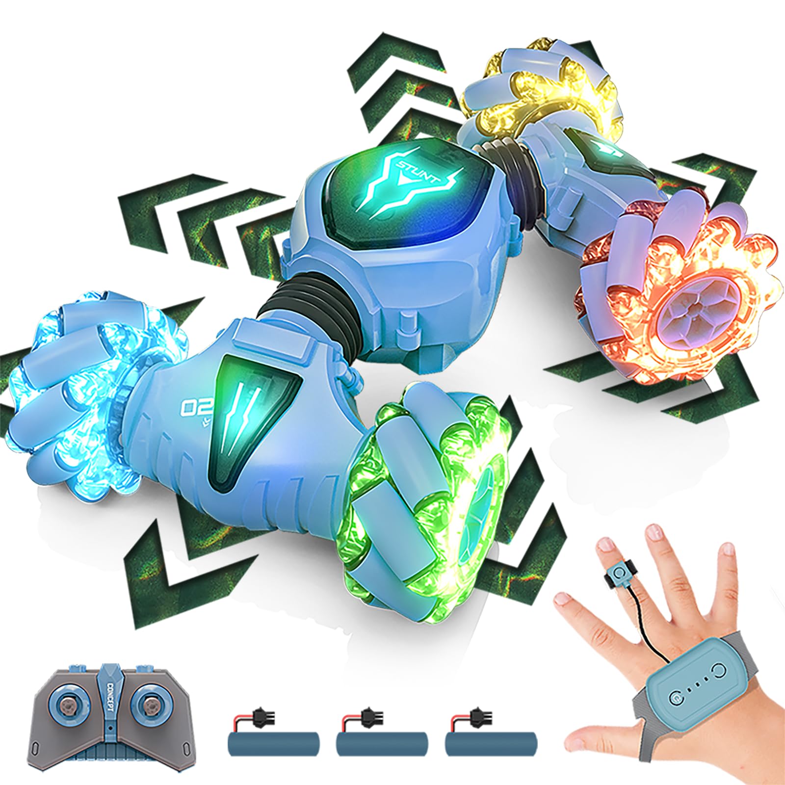 

Tecnock RC Car for Gesture Driving Stunt Car with LED Birthday Blue Kids, Controlled, Double-Sided Lights, Gift, синий