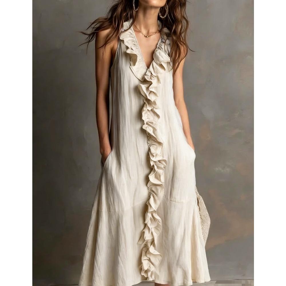 Spring and summer new women's new solid color sleeveless V-neck ruffle edge dress