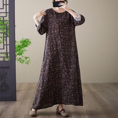Plus Size Holiday Dress: Cotton & Linen Print, Round Neck, Loose Fit, Long Sleeve