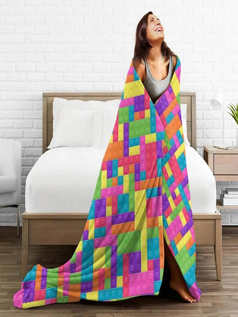 Soft Child Plastic Building Block Themed Plush Blanket for Kids Ideal for Picnics Bed Cover or Outdoor Use Super Soft Flannel Th