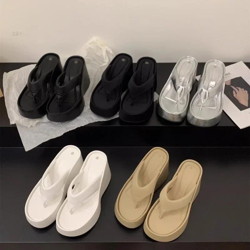 Fashion Women Wedge Clip Toe Flip Flops  Summer Fashion Chunky Platform Beach Sandals Ladies Thick Sole High Heeled Slippers Slides