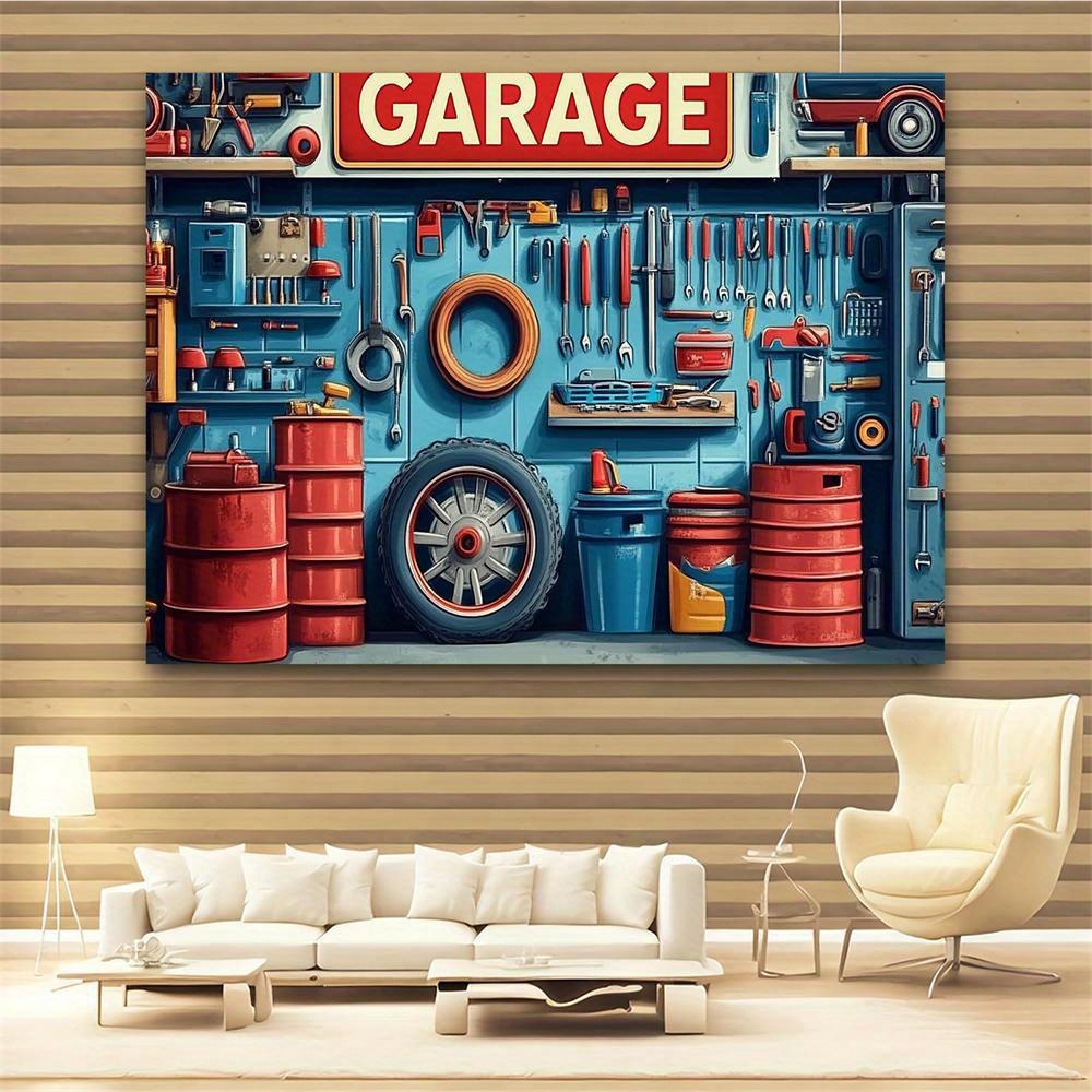 2D Plane Garage Repair and Car-themed Studio Party Banner Bright Car Tools and Parts Polyester Fiber Material