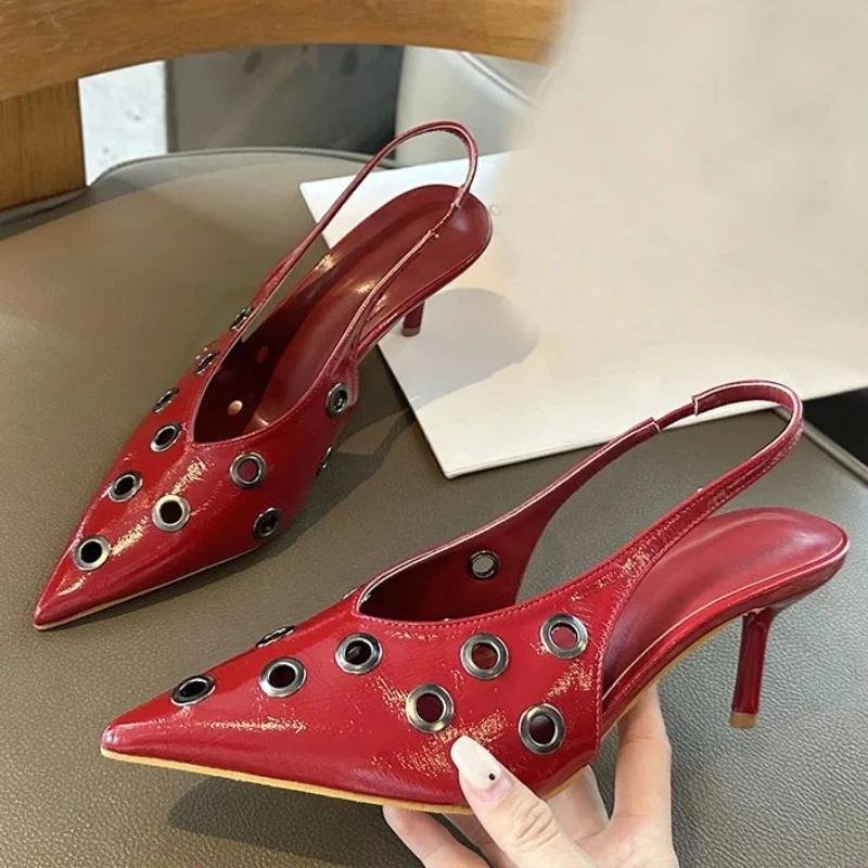 Fashion Elegant Pointed Toe Back Strap High Heels Women Fashion Metal Decoration Brand Designer Shoes Comfortable Shallow Dress Shoes