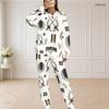 Women Plus Size White Hockey Printed Round Neck Long Sleeve Top And Pants Two Piece Set