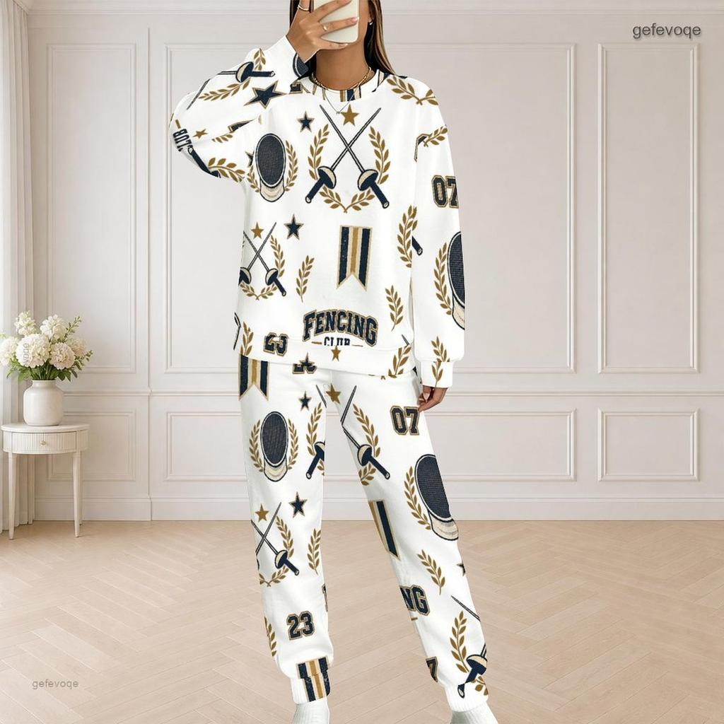 Women Plus Size White Hockey Printed Round Neck Long Sleeve Top And Pants Two Piece Set
