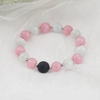 Opal beaded bracelet Valentine's Day gift silver bead spacer elastic rope black volcanic stone white powder cat eye bracelet